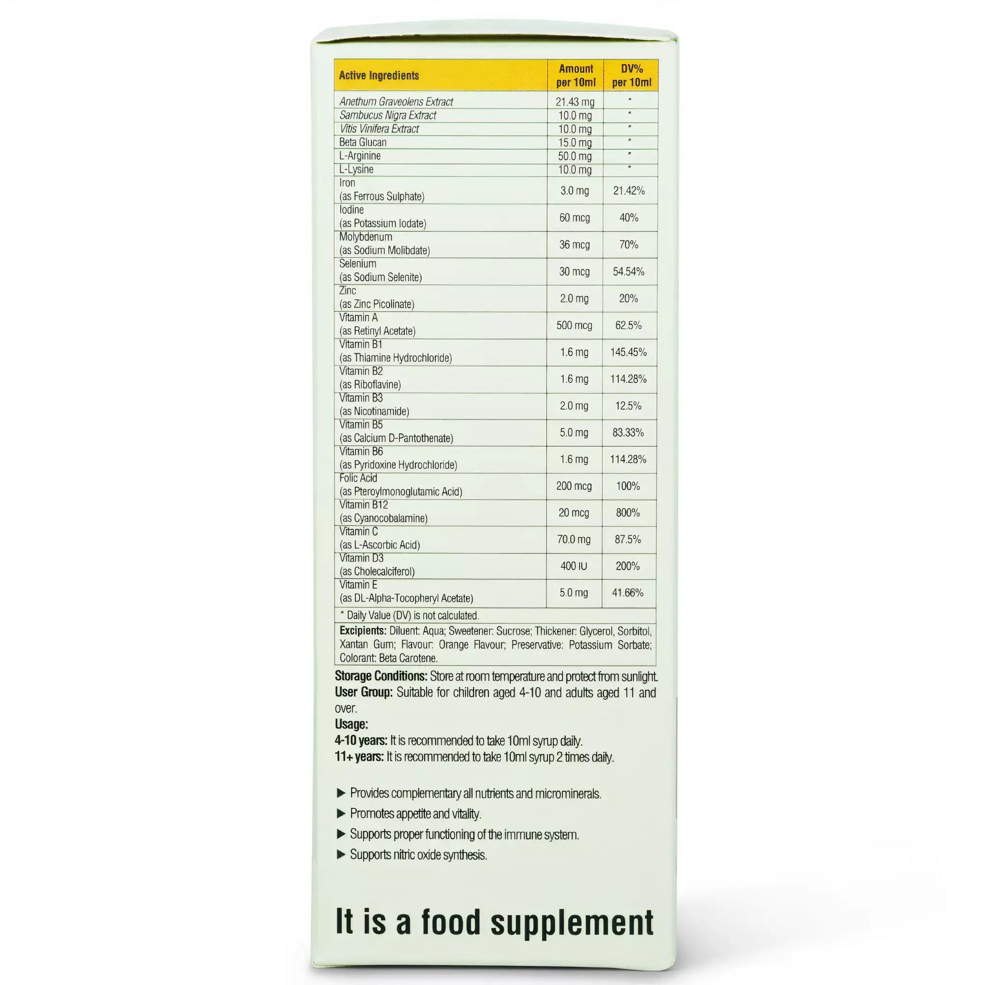 Maxiliv Kids Multivitamin Syrup ingredients list showcasing vitamins and minerals for children's health.