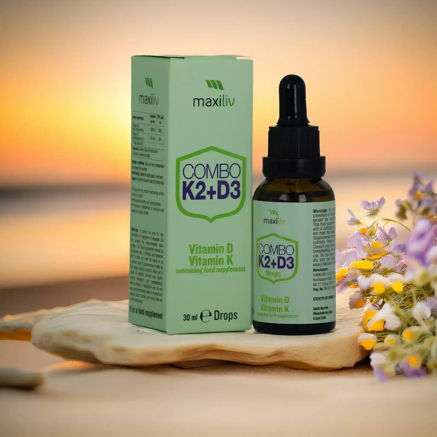 Maxiliv Combo Vitamin K2 D3 Drops, a kids' dietary supplement for bone health, shown with packaging and dropper.