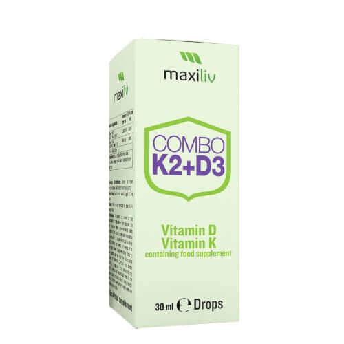 Maxiliv Combo Vitamin K2 D3 Drops packaging, a dietary supplement for kids' bone health and overall well-being.