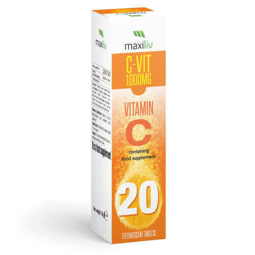 Maxiliv Vitamin C Effervescent packaging with 1000mg Vitamin C, containing 20 effervescent tablets for immune support.