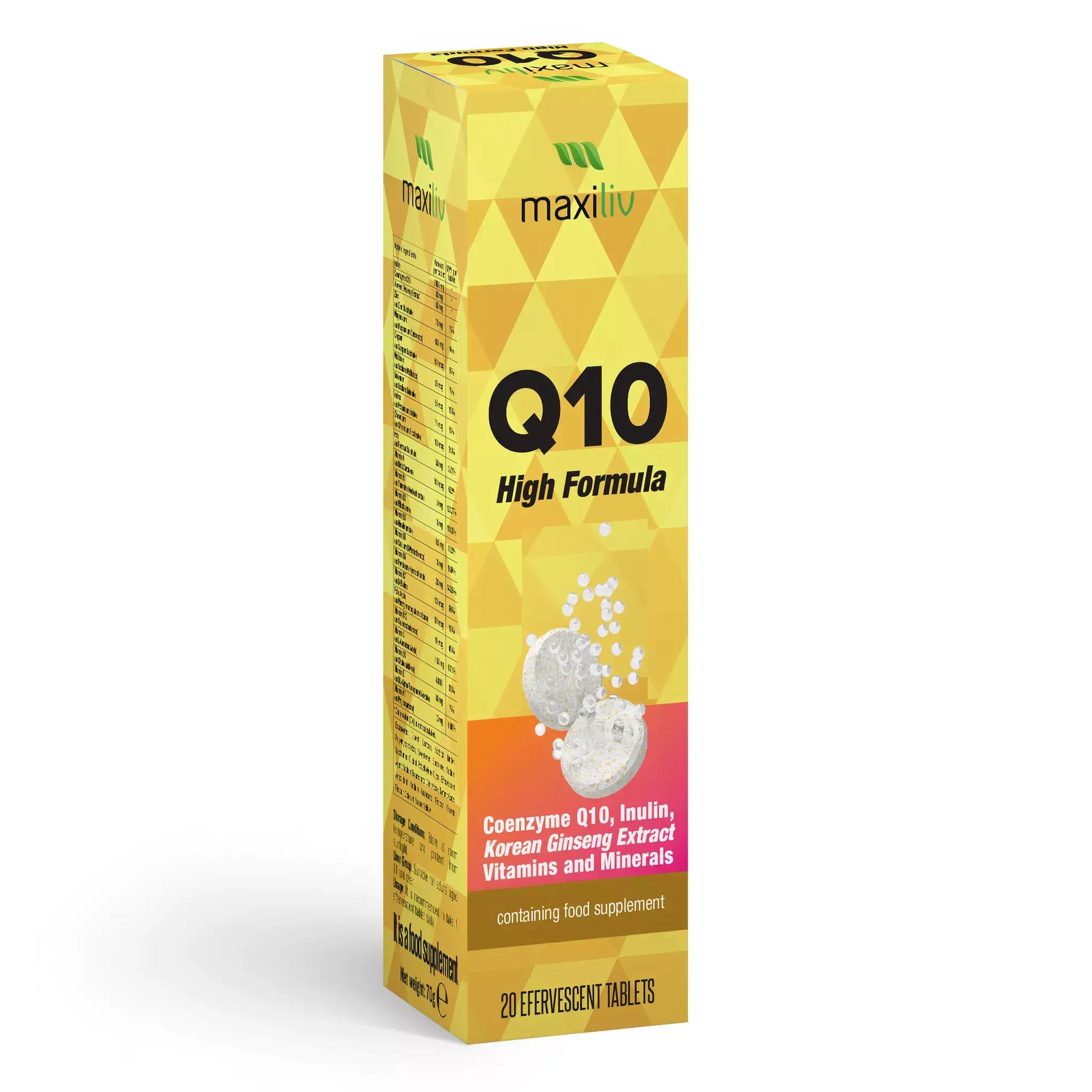 Maxiliv COQ10 High Formula Effervescent Tablets packaging showing Coenzyme Q10 and vitamins.