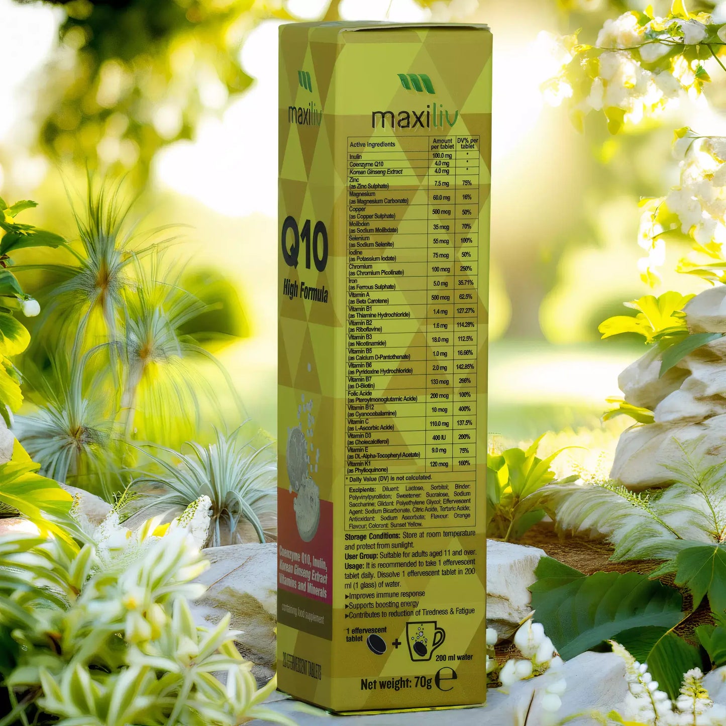 Maxiliv COQ10 High Formula effervescent tablet packaging with ingredient details in a natural setting.