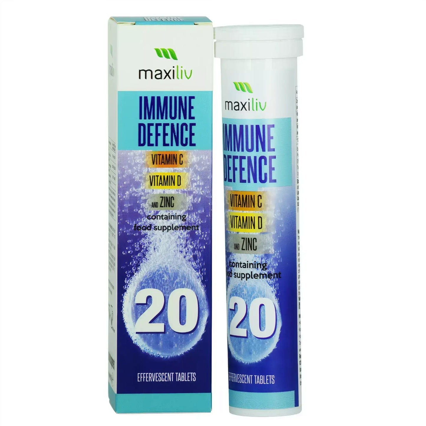 Maxiliv Immune Defence effervescent supplement with Vitamin C, D, and Zinc in packaging and tube.