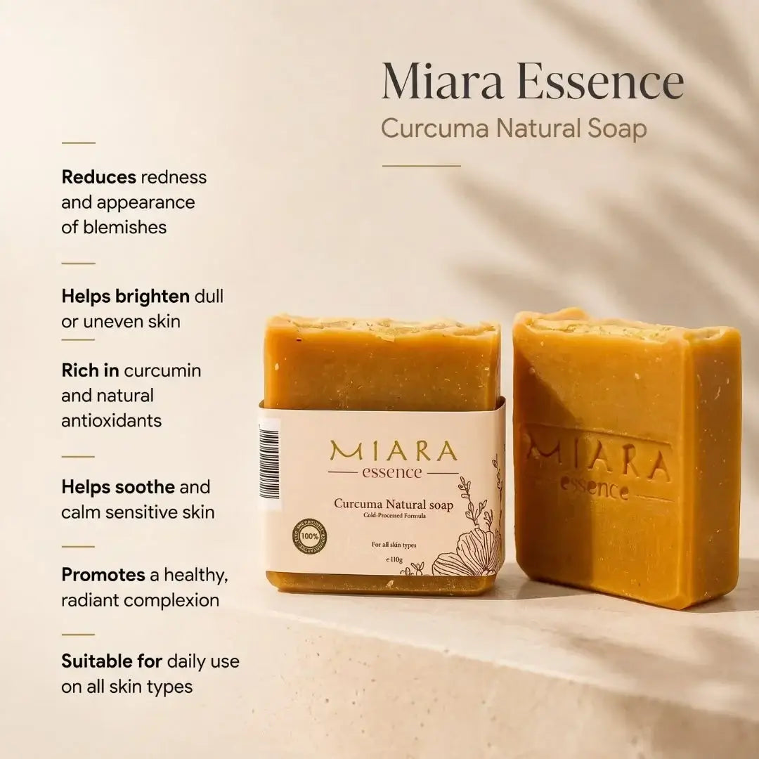 Even & Radiant Tone Soap Bundle includes Miara Essence Curcuma Natural Soap for healthier, radiant skin.