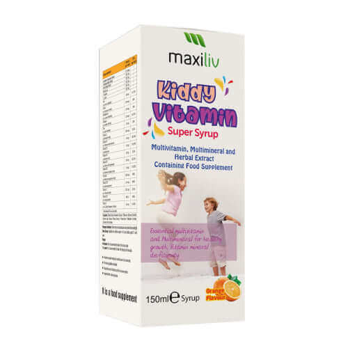 Maxiliv Kids Multivitamin Syrup packaging for essential nutrients and optimal growth.