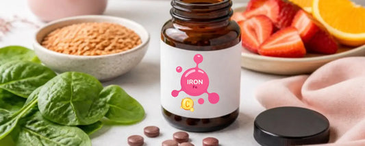 Iron Supplements for Women in a wellness setting with spinach, seeds, and fruit.