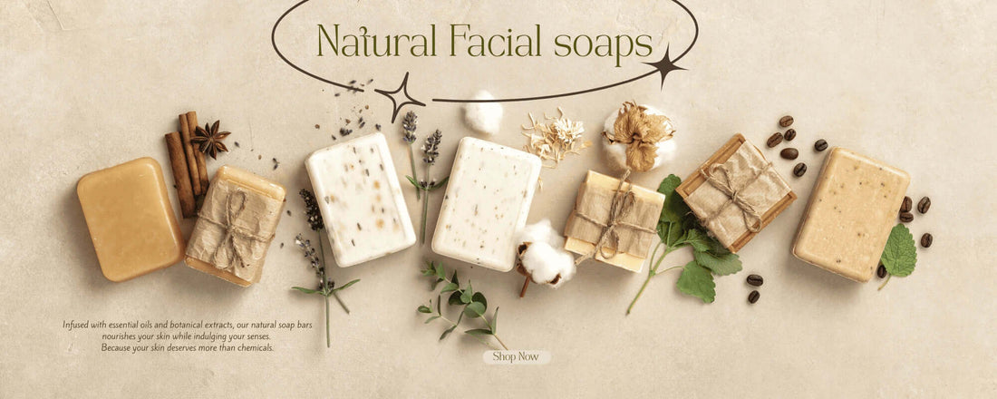 Natural facial soaps displayed with ingredients like herbs and spices, promoting Blackseed Natural Soap benefits.