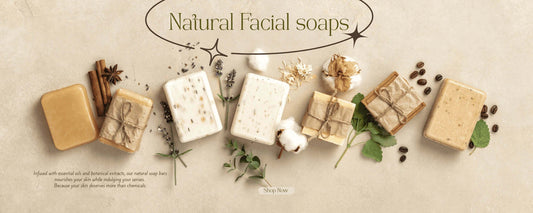 Natural facial soaps displayed with ingredients like herbs and spices, promoting Blackseed Natural Soap benefits.