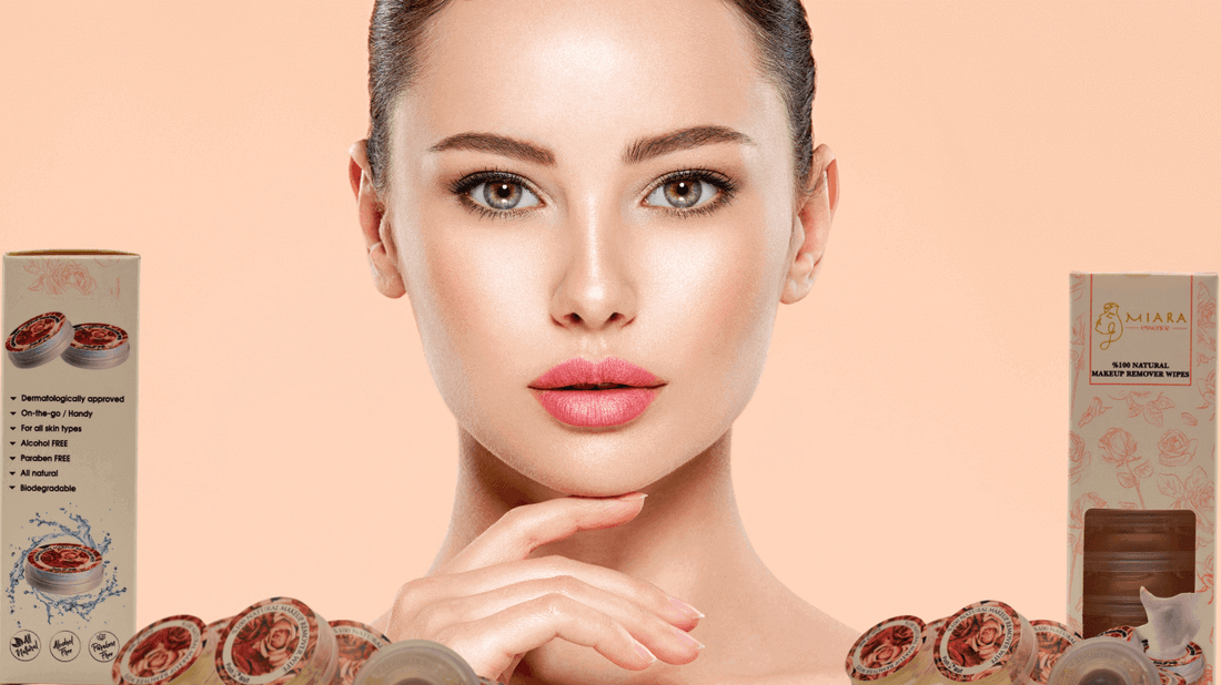 Natural Body Care Products displayed around a woman emphasizing natural beauty and skincare benefits.