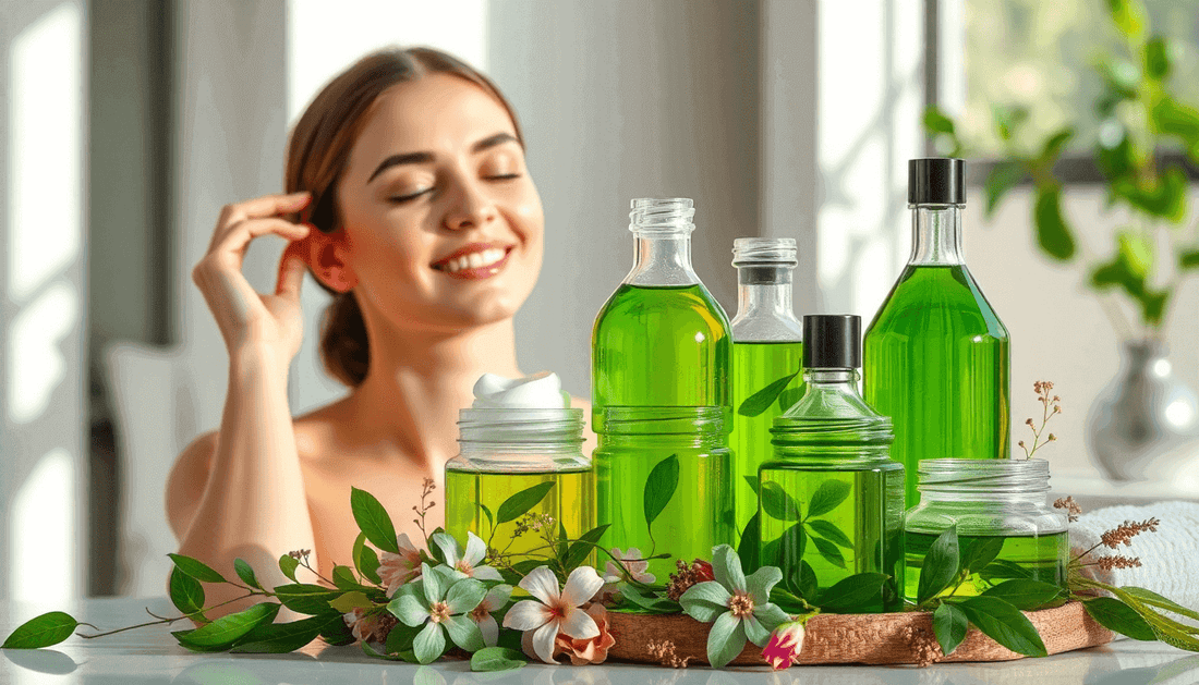 Woman enjoying plant-based skincare products in green bottles surrounded by flowers and leaves.
