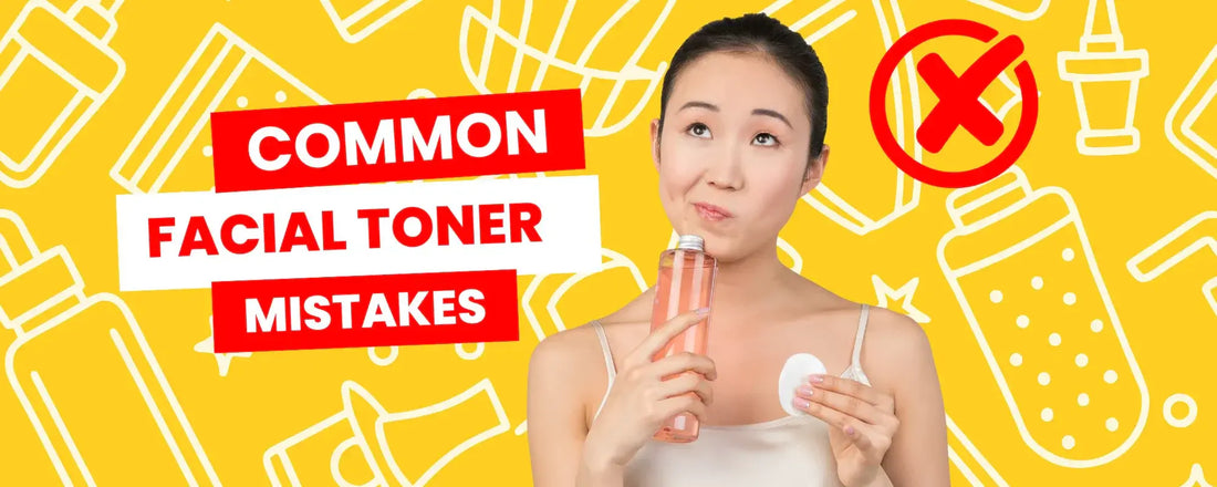 Woman highlighting common Facial Toner mistakes with a bottle and cotton pad on a vibrant background.