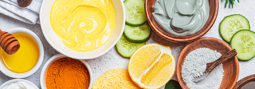 Natural and Organic Skincare ingredients like honey, yogurt, and lemon used for DIY beauty recipes.