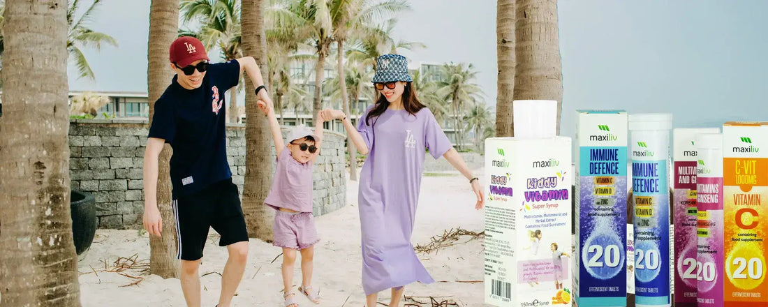 Family enjoying a beach day with immunity supplements UAE in the foreground, promoting winter wellness.
