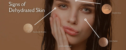 Signs of Dehydrated Skin UAE highlighted on a woman’s face, showcasing sensitive areas and skin patches.