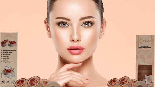 Natural Body Care Products displayed around a woman emphasizing natural beauty and skincare benefits.