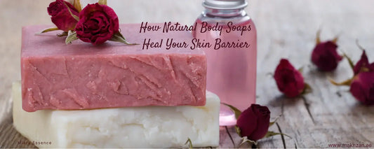 Natural Body Soaps Abu Dhabi with pink and white soap bars and roses for skin healing.