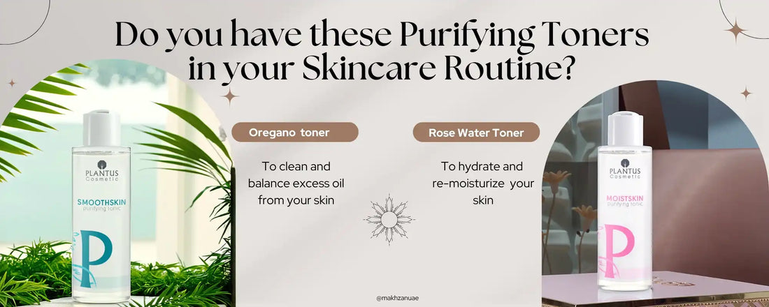 Image showcasing Purifying Toners: Oregano toner for excess oil and Rose Water Toner for hydration.