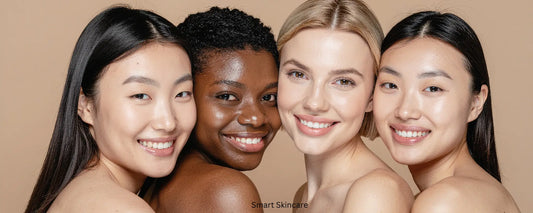 Diverse group of women showcasing healthy skin with Smart Skin Care products for radiant results.