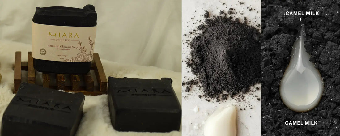 Activated Charcoal Soap with camel milk, showcasing its natural ingredients and benefits.