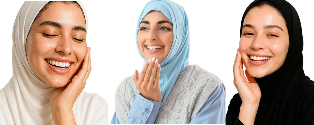 Women showcasing glowing skin, embracing the Ramadan Glow with radiant smiles during skincare routine.