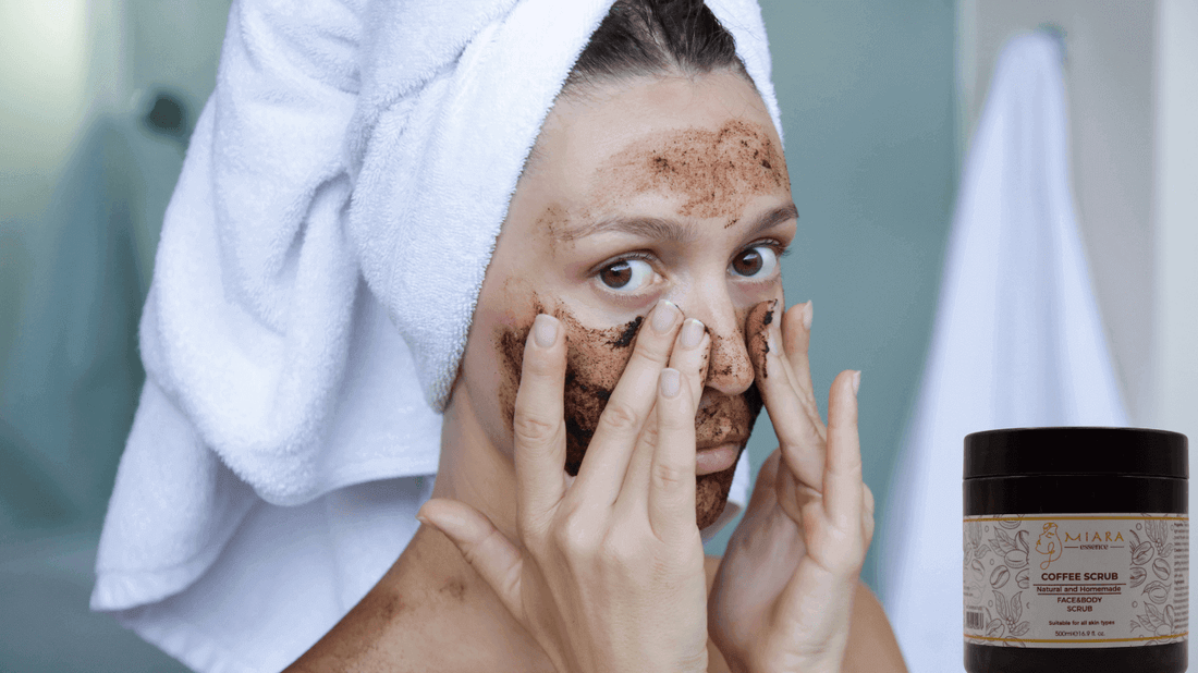 Woman applying coffee scrub during her Coffee Scrub Routine to cleanse her skin and unclog pores.