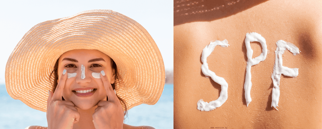 Images showing beach skincare routine for the UAE, with SPF steps to protect and soothe skin from sun, sand, and salt.