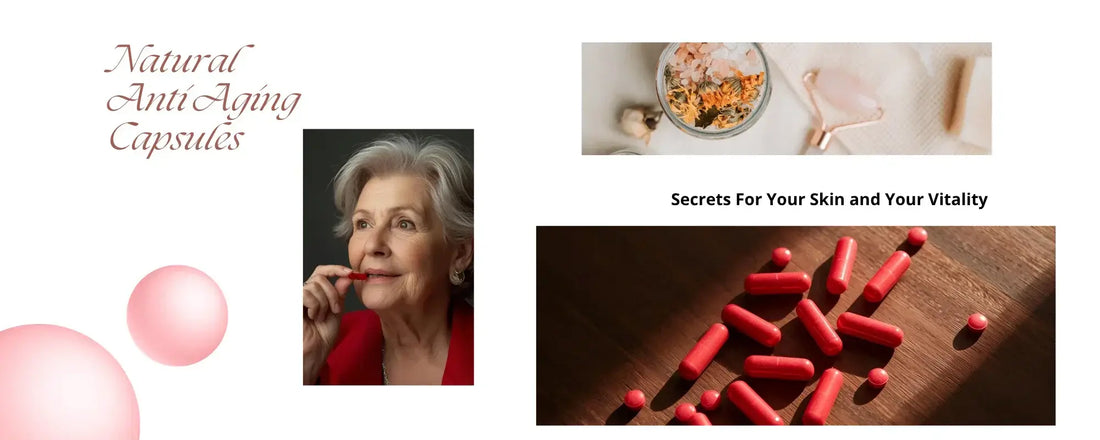 Natural Anti Aging Capsules alongside beauty and vitality imagery, promoting youthful skin and well-being.
