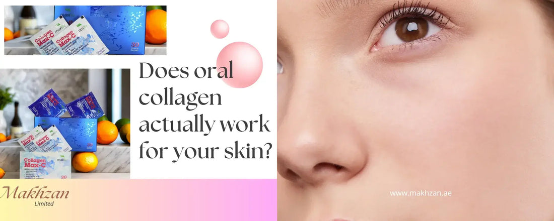 Collagen for Skin products with bright fruits and a close-up of healthy skin, exploring collagen benefits.