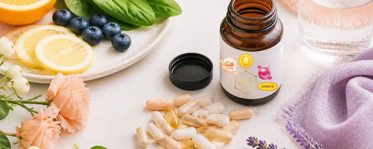 Best Vitamin Supplements for Women in UAE shown with various fruits and floral arrangements.