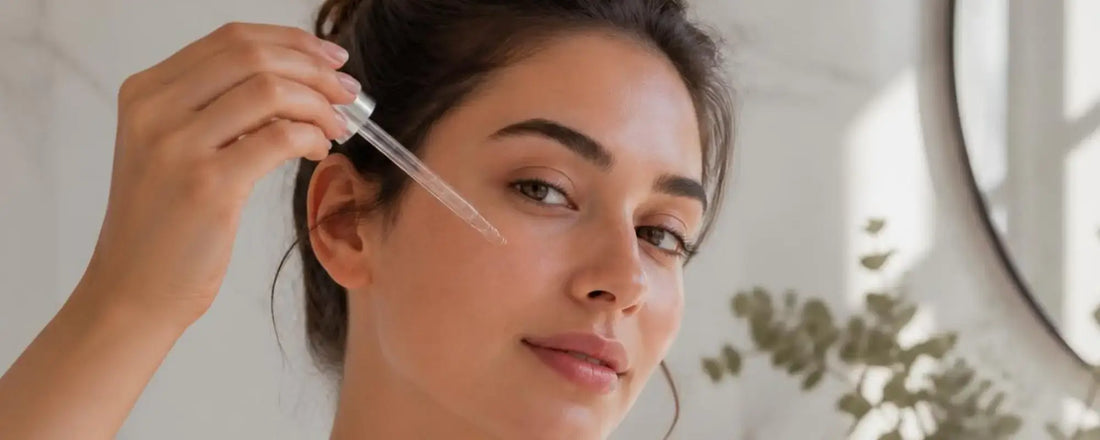 Woman applying serum for Arbutin benefits for skin and promoting uniform complexion.