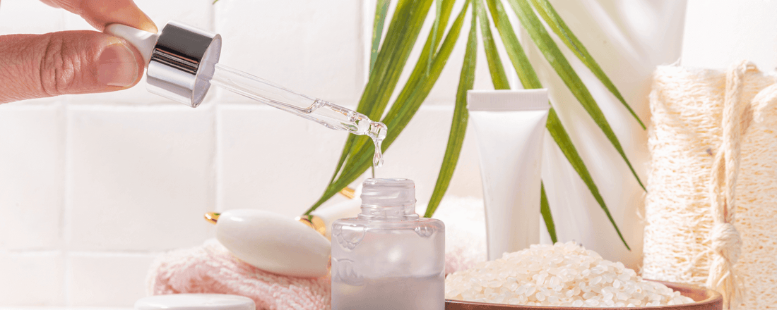 Fermented skincare ingredients including rice, rice water, and a serum bottle, effective skincare for sensitive skin.