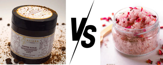 Coffee scrubs versus Sugar Scrubs comparison image showcasing coffee and sugar body scrubs.