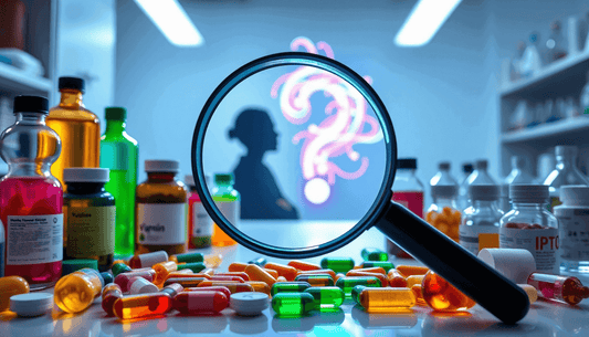 A magnifying glass focusing on various supplements and vitamins, questioning their effectiveness.
