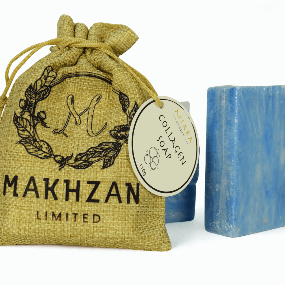 Collagen Natural Soap |Miara Essence Collagen Natural Soap next to packaging with Makhzan Limited  written on it