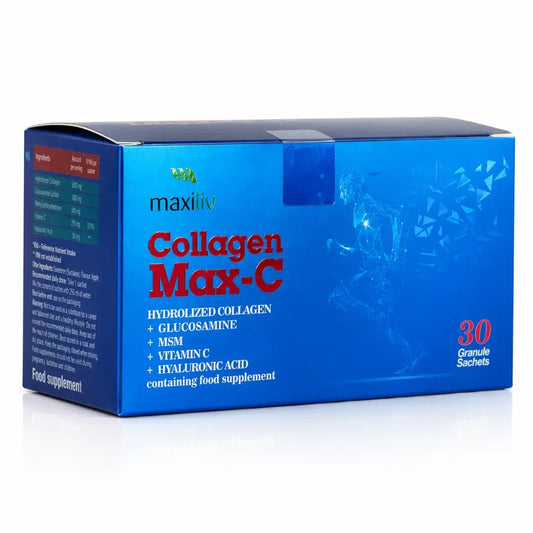 Blue box of maxiliv Collagen Max-C supplement on a white background