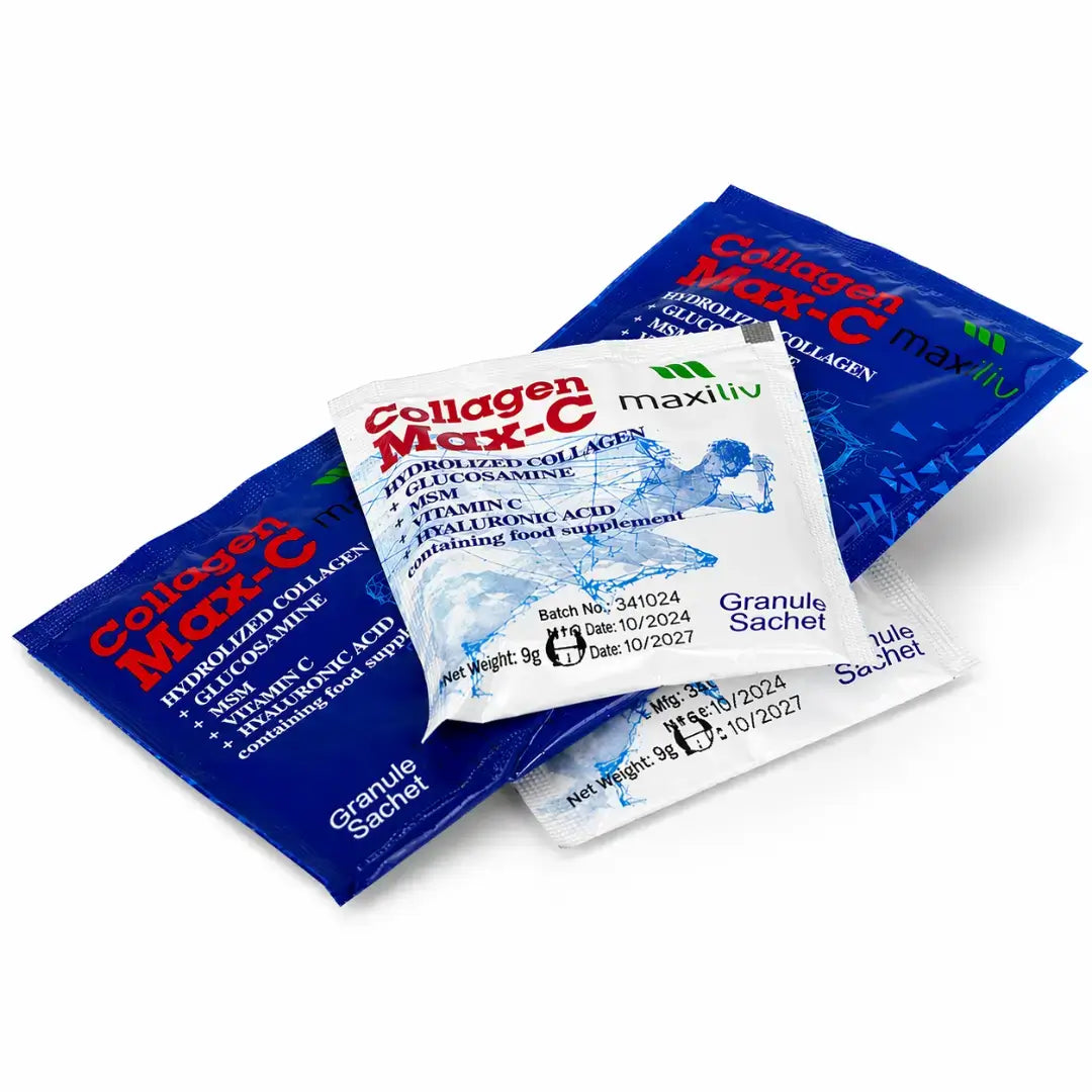 Maxiliv Collagen Max-C supplement packets on a white background