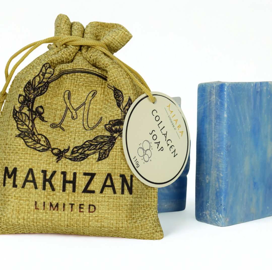 Collagen Natural Soap |Miara Essence Collagen Natural Soap next to packaging with Makhzan Limited  written on it