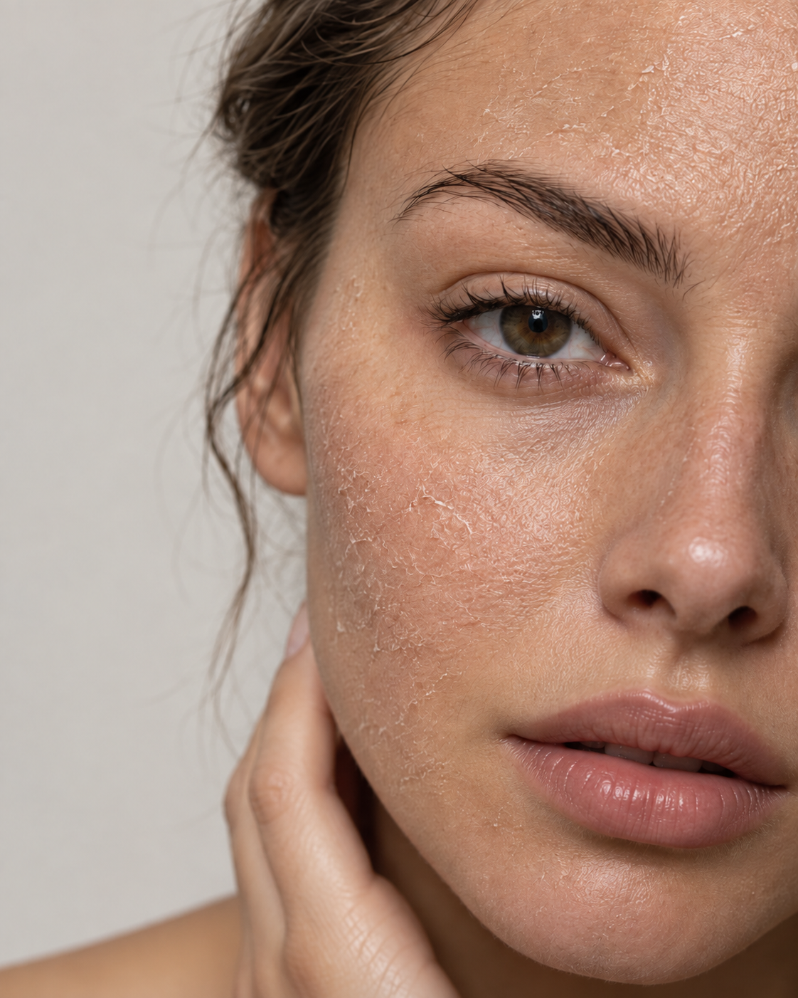 Close-up of a woman's face with dry skin and dehydrated skin with cracked skin texture, touching her cheek against a neutral light gray background. For Makhzan Shop by skin concerns