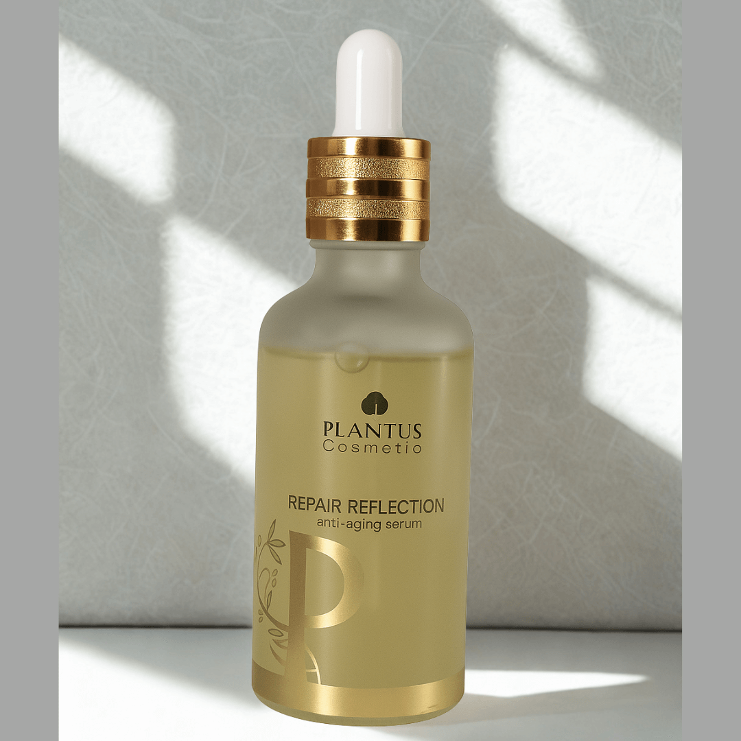 Plantus Cosmetic repair reflection anti aging serum bottle with dropper on a light background