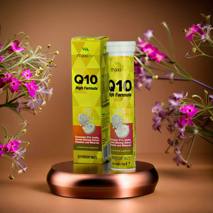 Maxiliv COQ10 High Formula effervescent tablets packaging with flowers in background