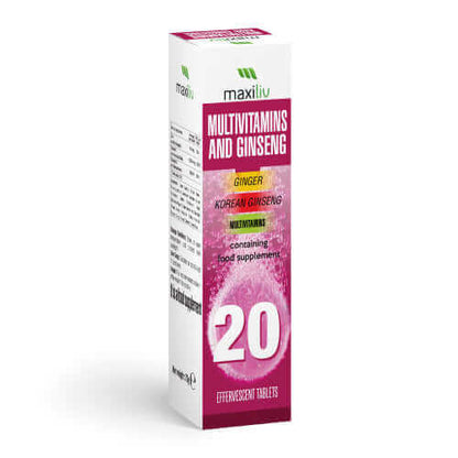 Maxiliv Multivitamin and Ginseng Effervescent Tablet packaging with a prominent brand name and supplement information.