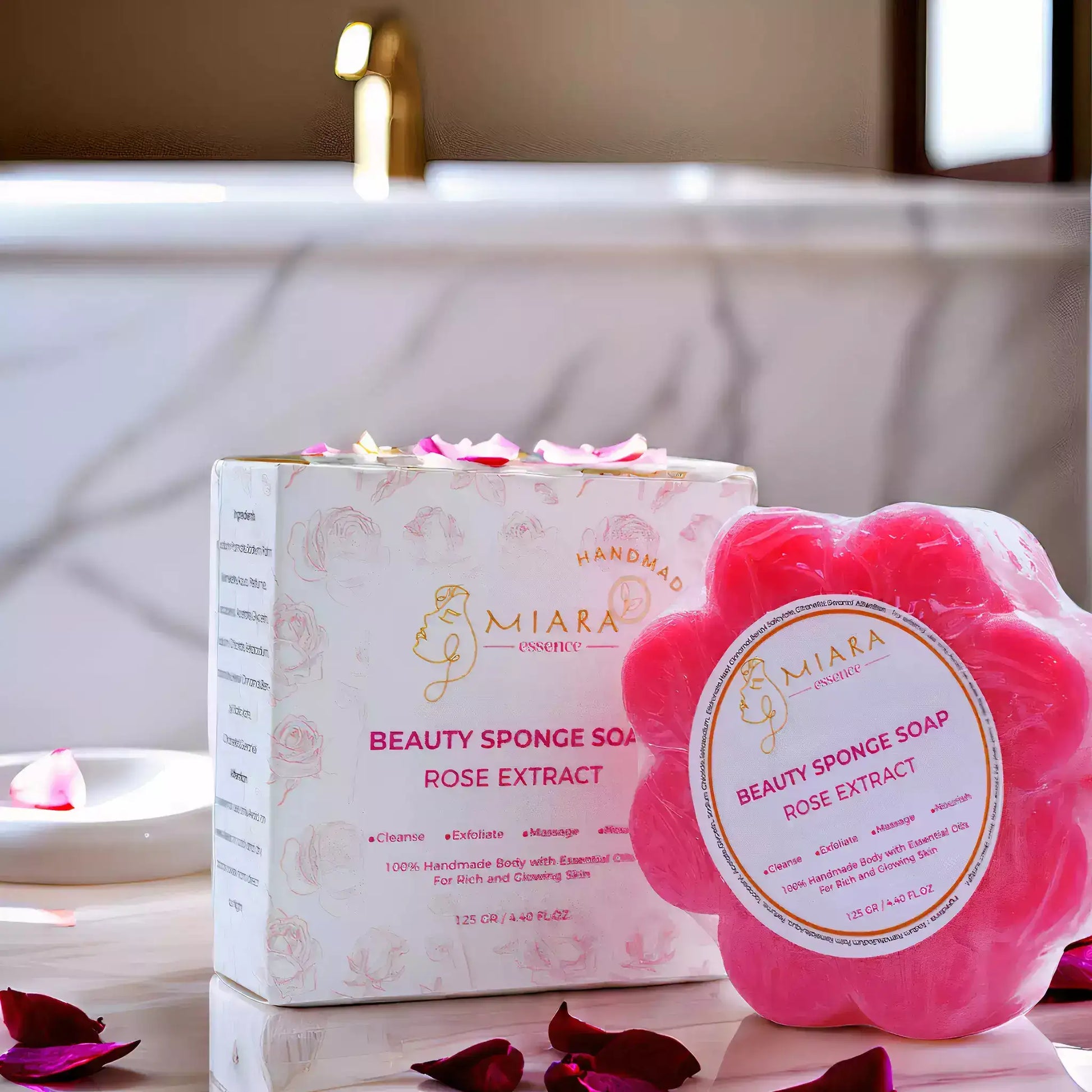 Natural Sponge Soap by Miara Essence, handcrafted with rose extract, presented in an elegant box with petals.