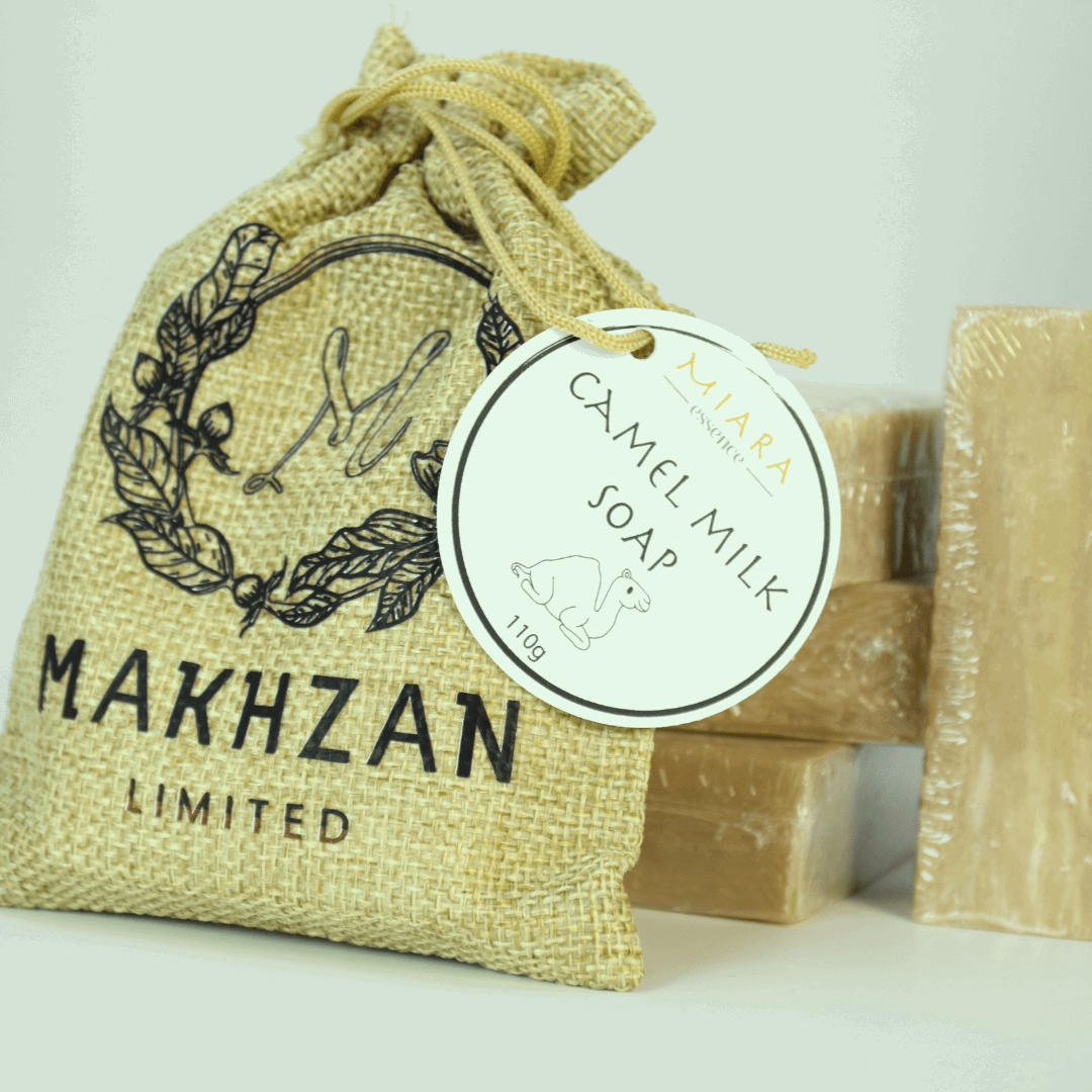 Miara Essence Camel Milk Soap UAE in a burlap bag with a label, showcasing natural skincare goodness.