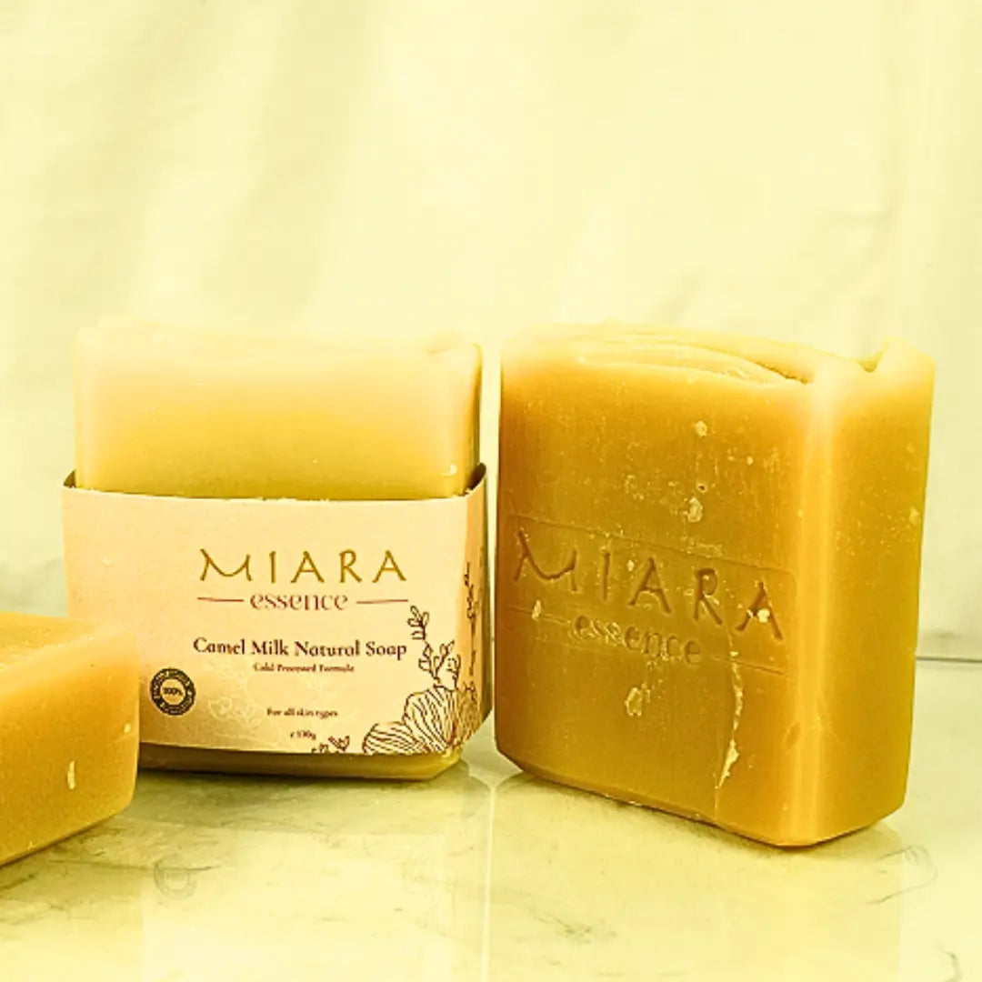 Miara Essence Camel milk natural soap with packaging labeled 'MIARA essence' on a light background