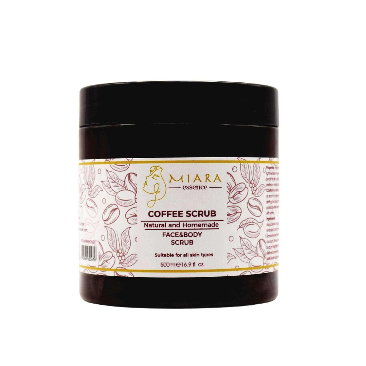 Natural Coffee Scrub by Miara Essence in a jar designed for face and body exfoliation, suitable for all skin types.