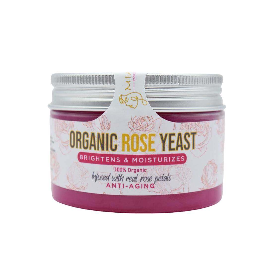 Organic Rose Yeast Face Cream in a jar, brightens and moisturizes with real rose petals, 100% organic.