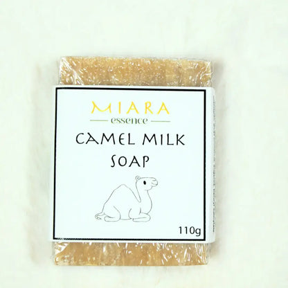 Camel milk soap bar with Miara Essence packaging on a white background