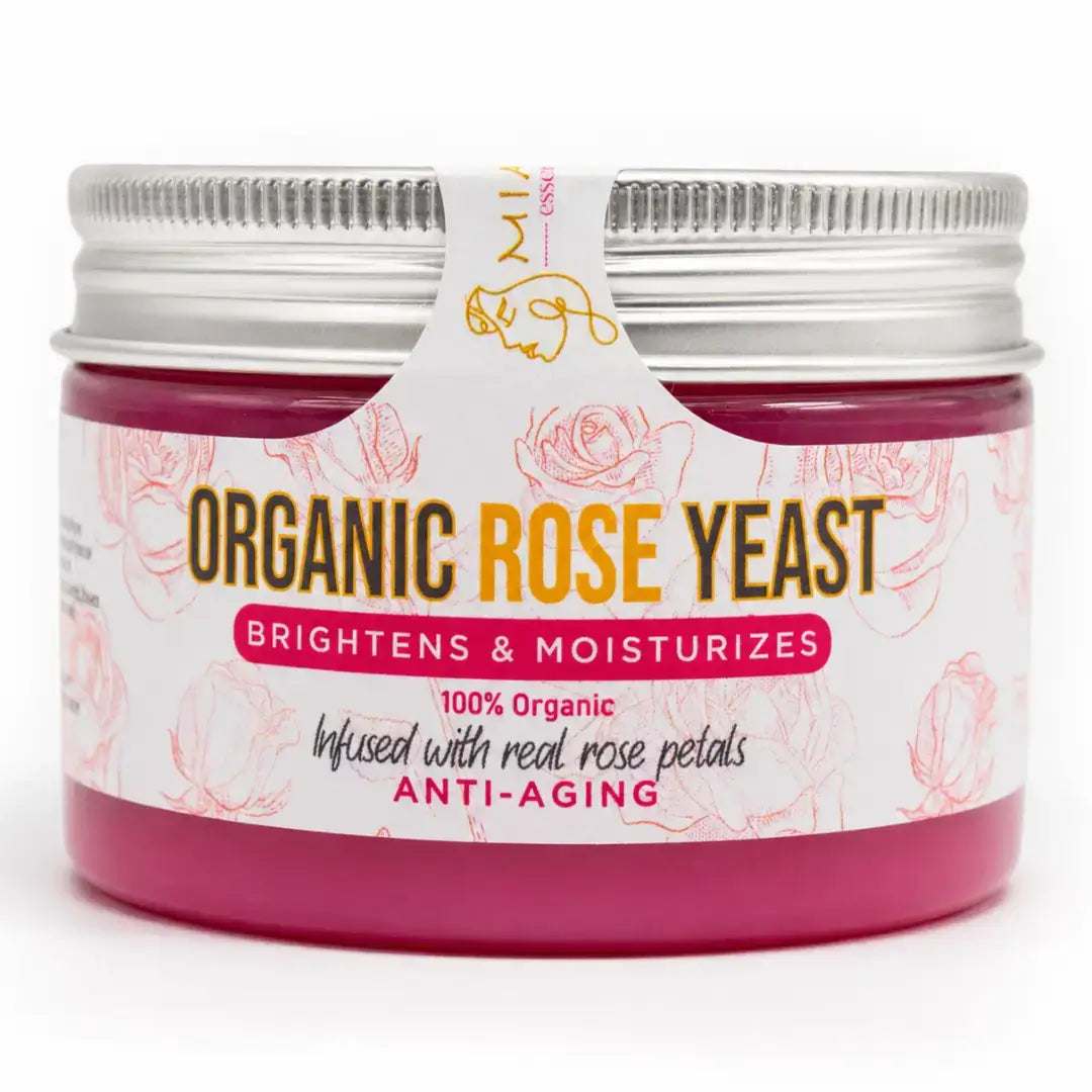 Organic Rose Yeast Face Cream in a jar, brightens and moisturizes with real rose petals, 100% organic.