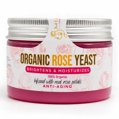 Organic Rose Yeast Face Cream in a jar, brightens and moisturizes with real rose petals, 100% organic.