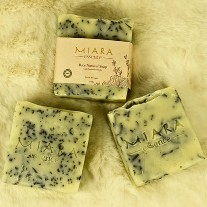 Miara Essence Rice Natural Soap bars with floral packaging, designed for silky smooth, brighter skin.